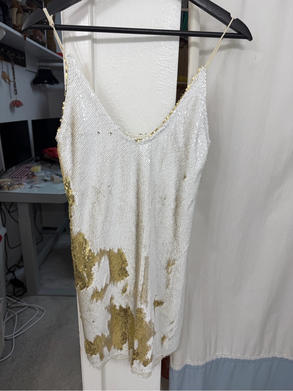 Free People White and Gold Sequin Mini Slip Dress